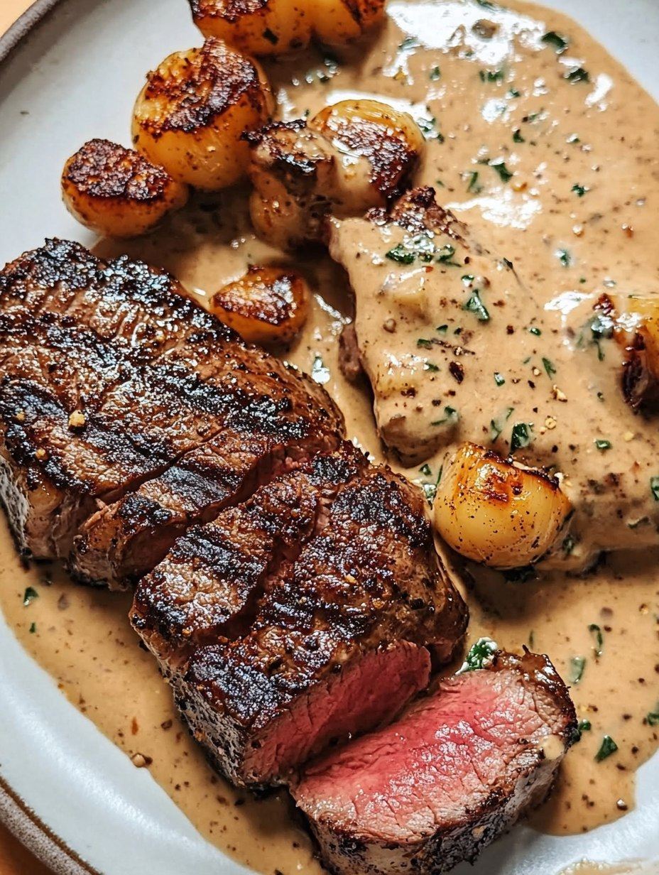 Steak mit cremiger Knoblauch-Bourbon-Sauce - Einfache Rezepte