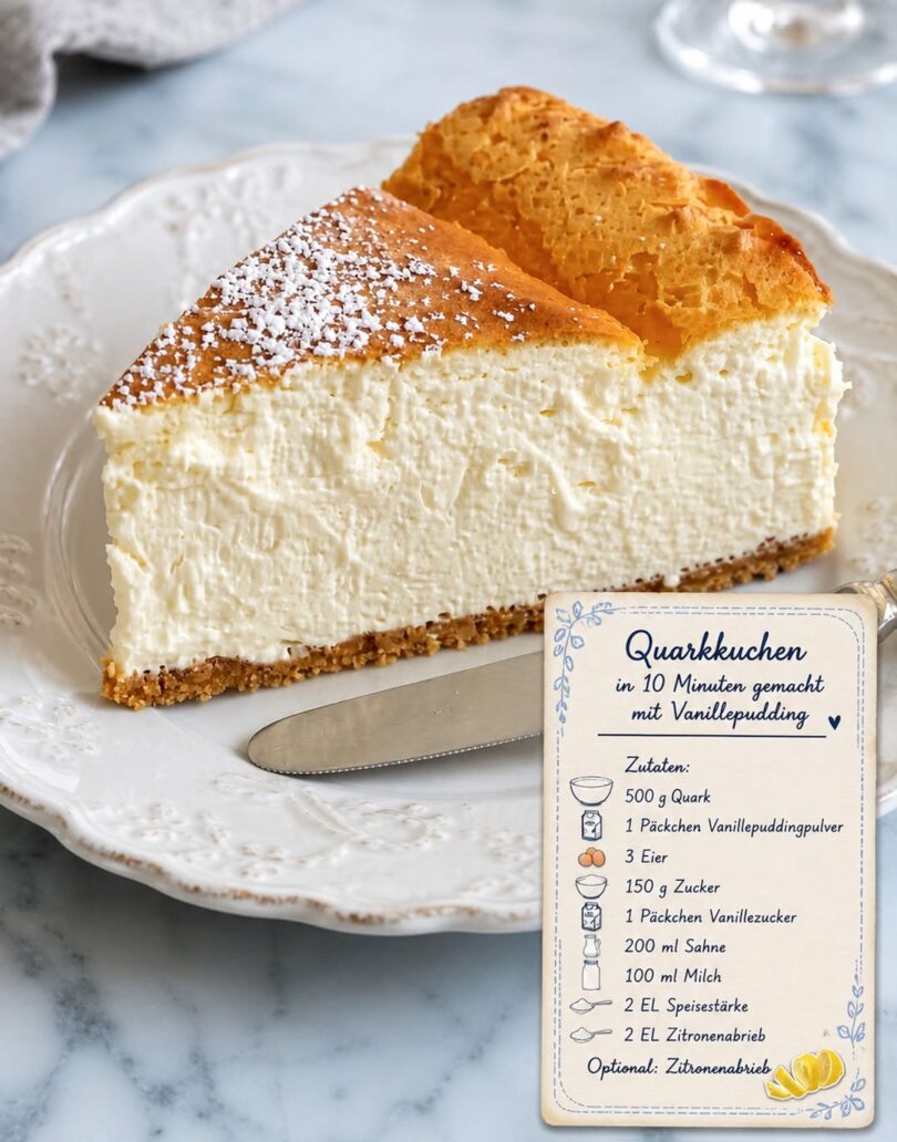 Quarkkuchen mit Vanillepudding – in 10 Minuten vorbereitet 🍰✨